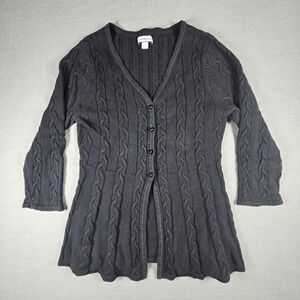 Croft & Barrow Black Cable Knit Cardigan 100% Cotton Peplum Flare Hem Coquette